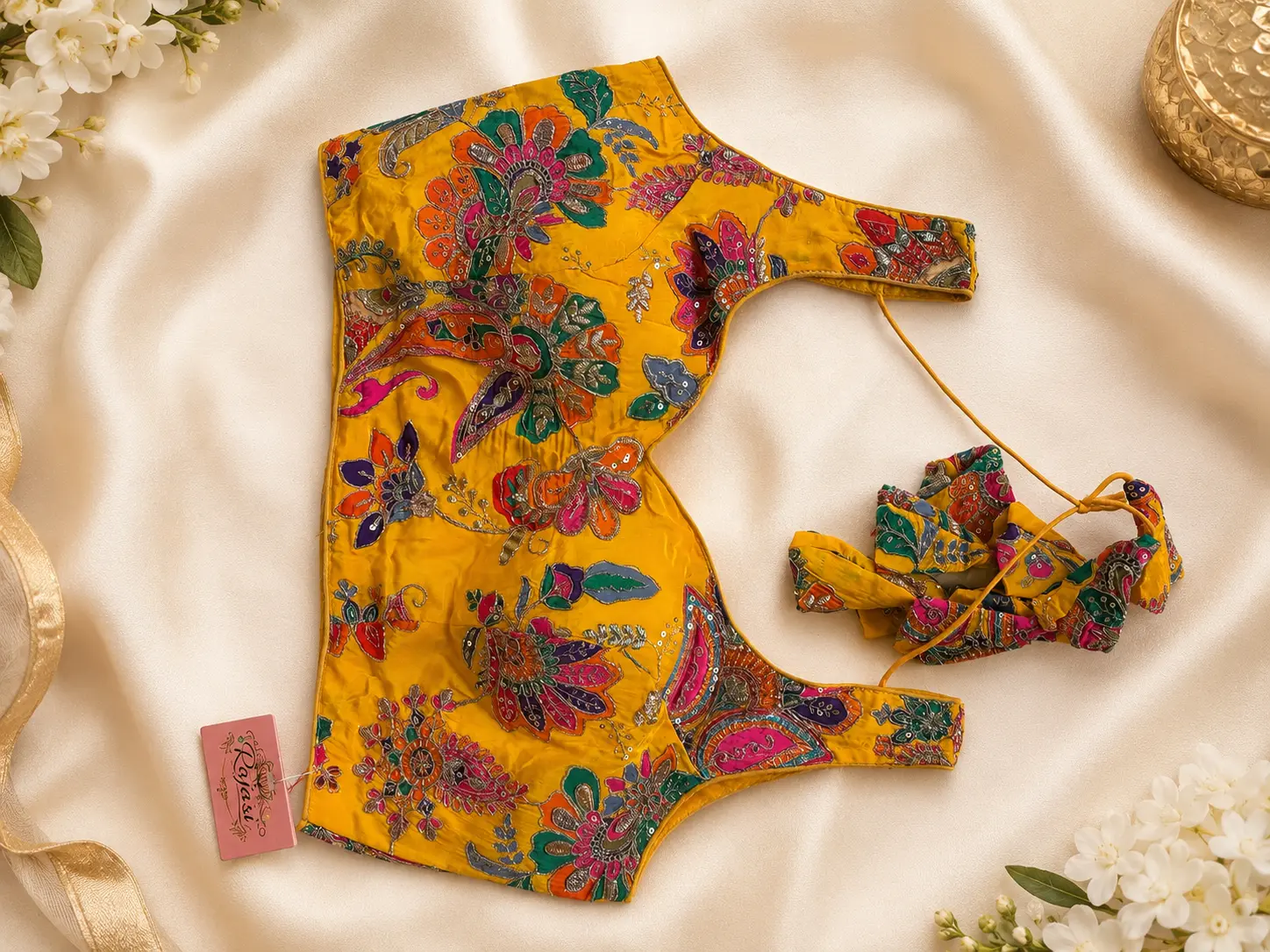 Premium Mustard Yellow Silk Floral Handwork Designer Saree Blouse