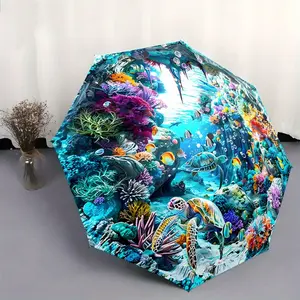 Auto Folding Umbrella with Vibrant Coral Reef Design, Includes Turtle and Fish, Portable Foldable Outdoor Accessory, Perfect Gift