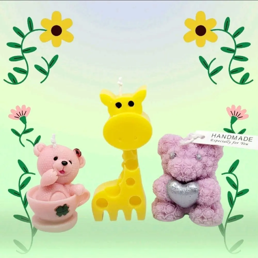 Handmade Set of Three Little Animal Candles for Decoration or Gift - Pink Bear, Yellow Giraffe, and Purple Teddy Bear