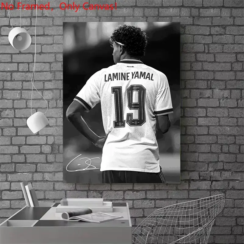 1 piece/set frameless canvas painting print poster, Classic Football player art, Artwork, Black and White Lamine Yamal Soccer Jersey, a perfect gift for football lovers, ideal for home, dorm, wall decor