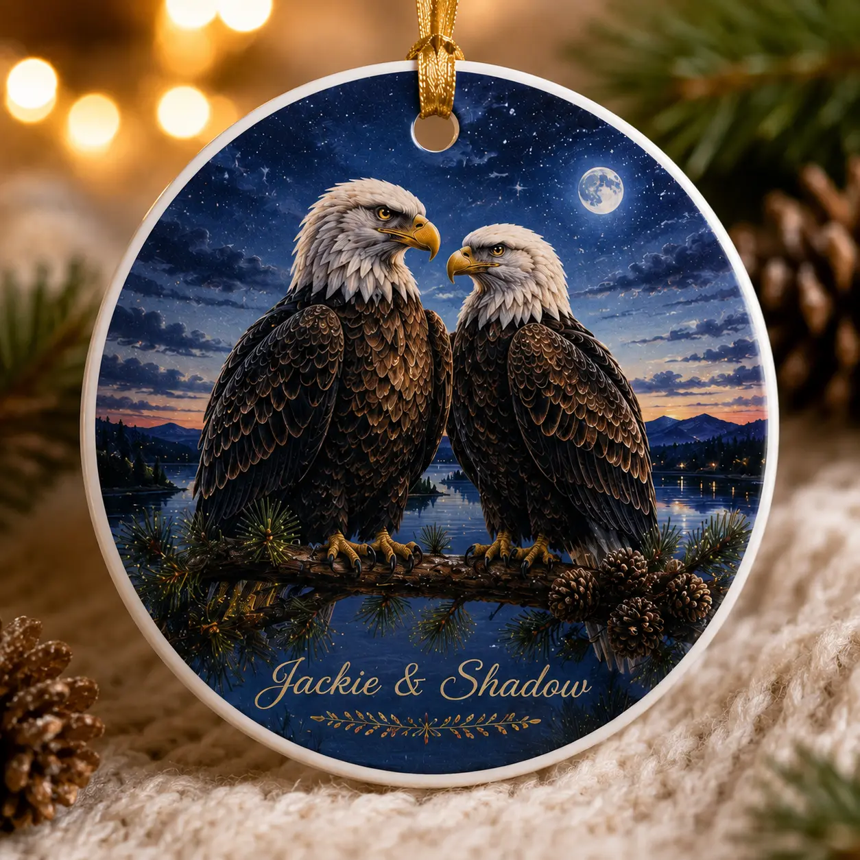 Jackie & Shadow Double-Sided Ceramic Christmas Ornament, Jackie Memorial Tribute, Big Bear Bald Eagle Remembrance Keepsake