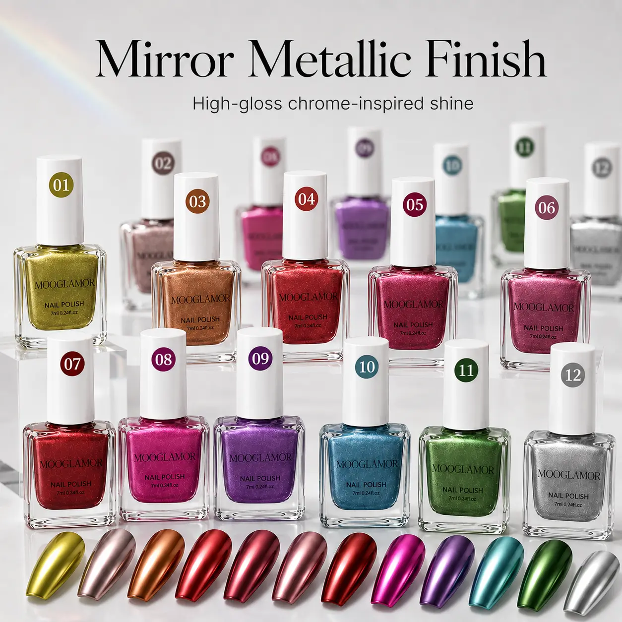 Metallic nail polish - High-quality shiny and lustrous nail polish with quick-drying chrome effect, chrome nail art products, long-lasting and convenient. 12 colors, 7-ml bottle nail polish set.
