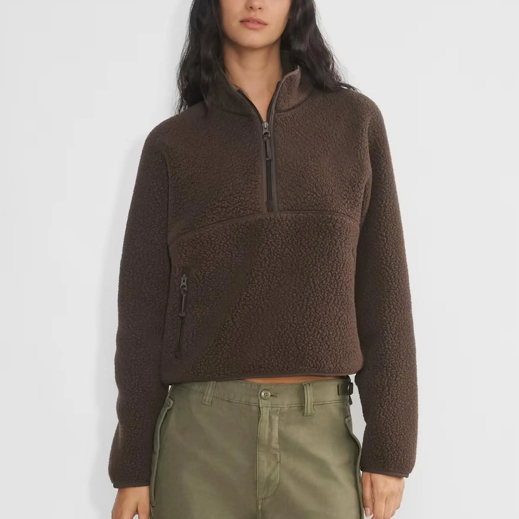 MaLinfandor Womens Fleece Sweatshirts Cropped Half Zip Fuzzy Warm Sherpa Pullover Varsity Jackets with Zipper Pockets