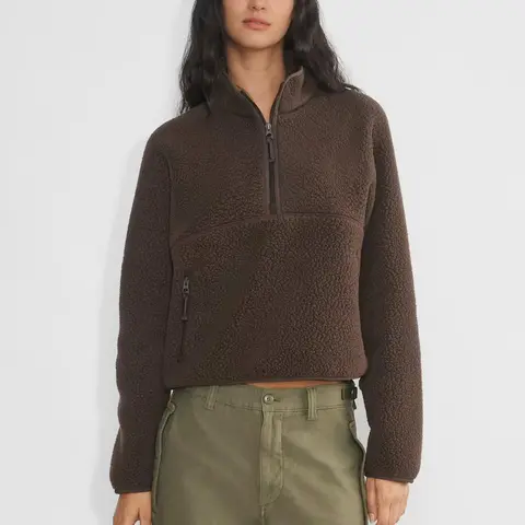 MaLinfandor Women's Plush Fuzzy Fleece Jacket - Cropped Half-Zip Warm Sherpa Pullover with Zipper Pockets, Long Sleeve Basic Womenswear for Back to School, Hiking (Fabric: Sherpa Fleece, Fit: Cropped), Plush Fuzzy Women's Fleece Jackets
