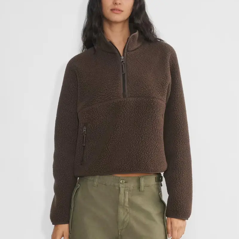 MaLinfandor Women's Plush Fuzzy Fleece Jacket - Cropped Half-Zip Warm Sherpa Pullover with Zipper Pockets, Long Sleeve Basic Womenswear for Back to School, Hiking (Fabric: Sherpa Fleece, Fit: Cropped), Plush Fuzzy Women's Fleece Jackets