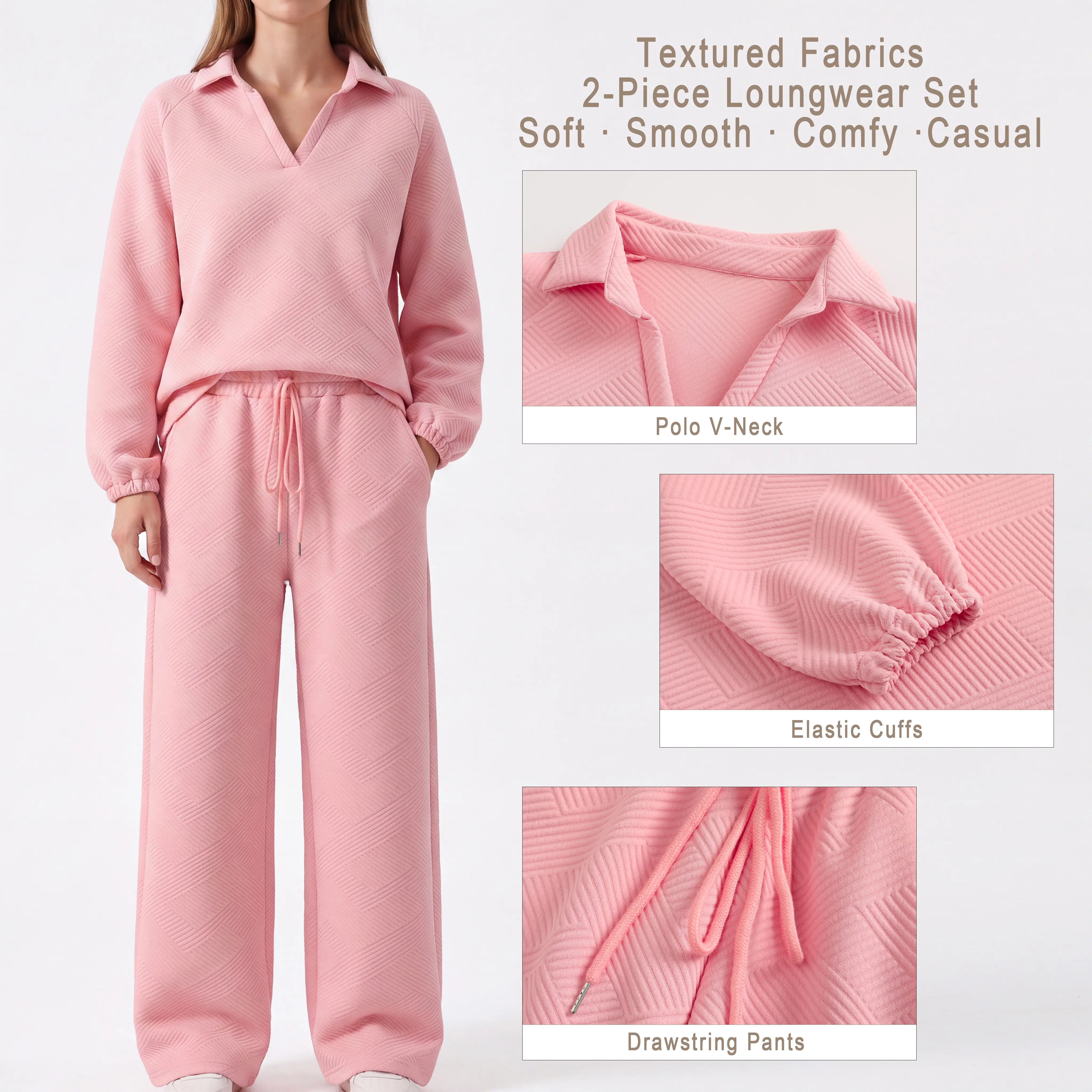Women's Casual Solid Color Sport Two Piece Set, Loose Fit Wide Leg Long Pants & V-Neck Pullover Suit, Spring & Fall Fashion, Jacquard Casual Athleisure Workout Outfit, Soft Comfy for Daily Wear