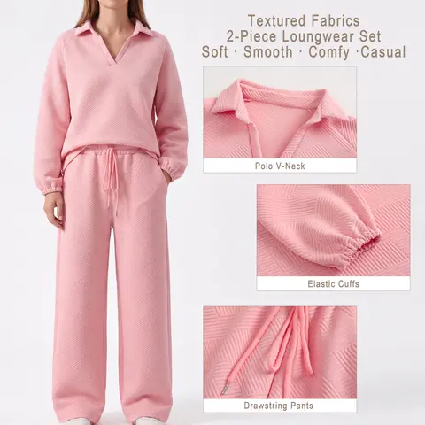 Women's Spandex 2-Piece Casual Solid Color Sport Set - Loose Wide-Leg Long Pants & V-Neck Pullover Basic Tops, Spring/Fall Fashion Jacquard Athleisure Outfit, Soft Comfy for Daily Wear Elegant Loungewear  Pajama Suits Fit Nightwear
