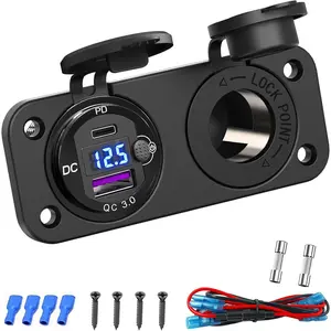Cigarette Lighter Socket 12 Volt USB Outlet: PD 20W C and QC3.0 Car Port Aluminum Metal 12V Plug, 150W Charger Panel with Power Switch LED Voltmeter for Marine Boat RV Golf Cart