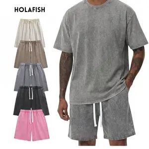 Holafish Men's Acid Washed Sweat Shorts 260G Cotton Athletic Elastic Waist Drawstring Gym Workout Jogger Pants with Pockets Premium Comfort Softness Functional Adjustable Design