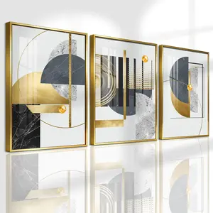 3 Counts Aluminum Alloy Framed Painting, Geometric Abstract Gold And Marble Art Pictures, Graphic Prints, Modern Home Decoration, Home Decoration For Living Room, Bedroom, Hallway Wall Decor, Odorless Print Artwork, Luxury Gift For Friends And Family
