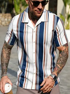 Men's Vintage Colorblock Striped Short Sleeve Shirt, Loose Fit Casual Top, Perfect for Vacation and Commuting, Stylish Men's Clothing, Casual Fashion, Menswear