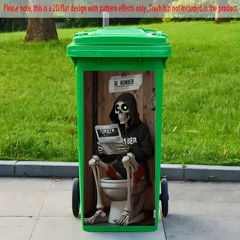 Halloween Skull Trash Can Sticker, Self-Adhesive Decorative Wall Decal, Decoration Sticker for Kitchen, Home Decor, Halloween Gift, Spooky Newspaper Theme, Decorative Stickers