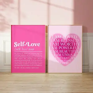 Self Love Definition Wall Art Picture Daily Affirmations Canvas Print Paintings Pink Aura Gradient Poster Hot Pink Girly Decor For Bedroom, Living Room, Or College Wall Decor Unframed