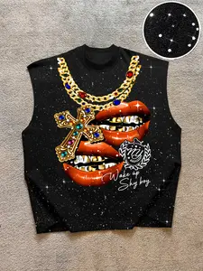 Men's Street Style Vest with Gold Chain and Vintage Cross Print, Wake Up Sky Boy Slogan, Silver Color Fabric, Casual Commute & Skateboarding