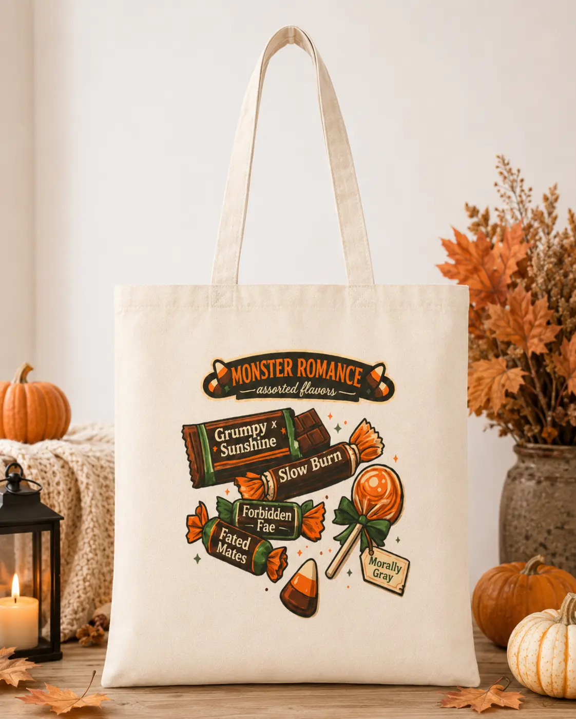 Women's Double Handle Canvas Tote Bag, Monster Romance Themed Reusable Bag for Halloween Trick or Treat, Book Trope Design, Double Handle Women's Tote Bags