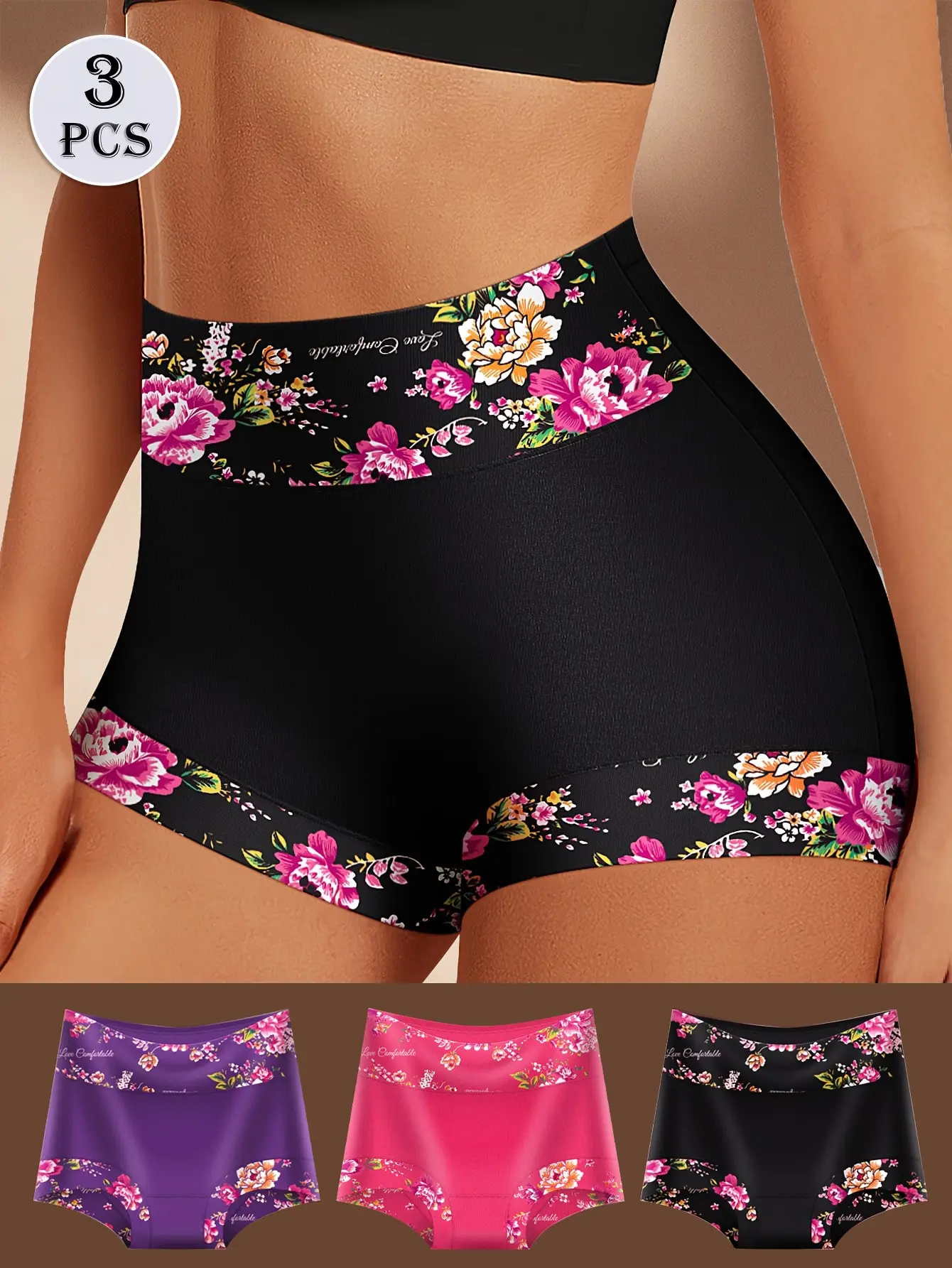 3PCS Women’s Floral Print Boyshort Panty Set, Soft Stretchable Breathable Full Coverage Underwear Shorts, Comfortable Anti-Chafe Safety Lingerie for Daily Wear, Work, Travel, Sleep & Lounge