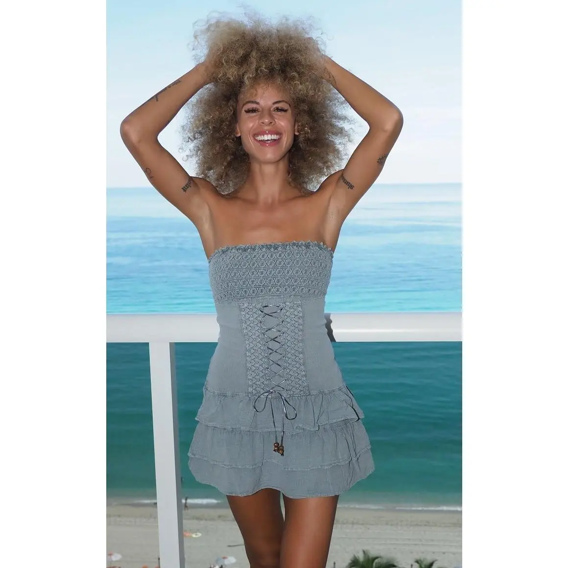 Feminine Tiered Mini Dress with Adjustable Lace-Up, Lightweight Resort Wear for Beach Elegance, Day
