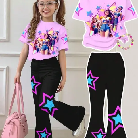 K-Pop Girl Group Style Kids Set, Vibrant Star Print Short Sleeve + Bell Pants, Elegant Slim-Fitting Cartoon Pattern Matching Set, Summer Clothing Set, Cartoon Print Design