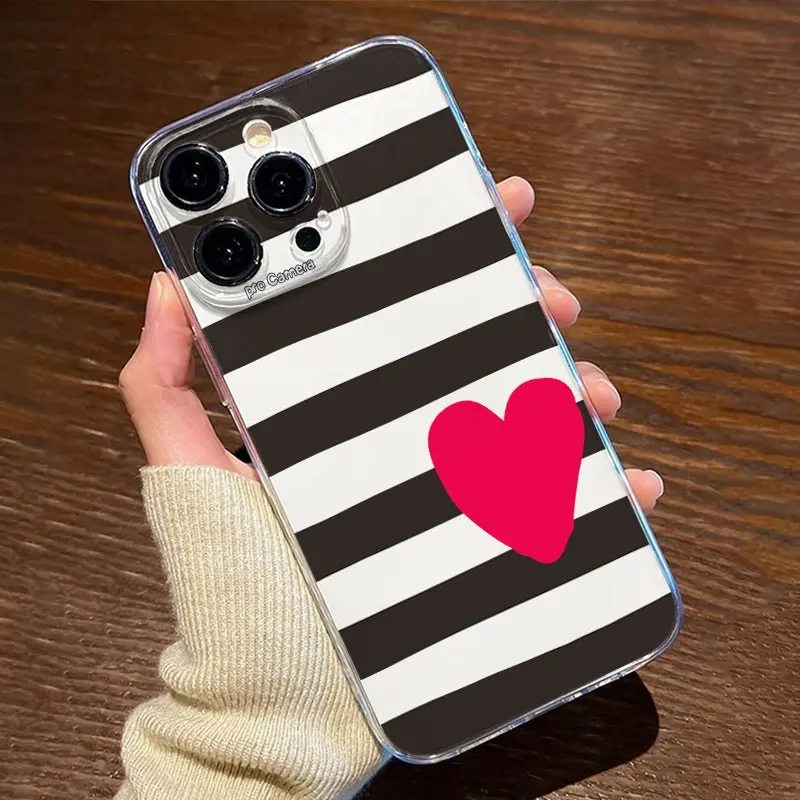 Transparent Zebra Stripe Heart Tpu Anti-Drop Phone Case for iPhone 6/7/8/x/XS/XR/XS Max/11/12/13/14/15/16/17 Pro Max, Perfect Gift, Birthday