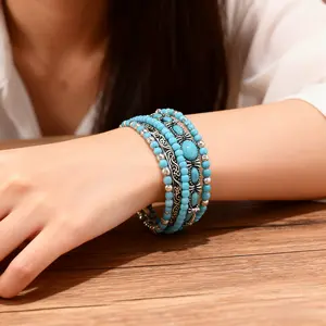 5Pcs Boho Style Turquoise Decorated Bracelet Set, Vintage Trendy Elastic Bracelet, Fashionable Jewelry for Women & Men, Trendy All-match & Exquisite Jewelry for Birthday Gift