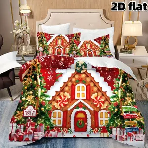 2D Flat 3Pcs Christmas Gingerbread House Bedding Festive Holiday Duvet Cover Red Winter Bedspread with North Pole Santa Home Design Microfiber Quilt Cover with 2 Pillowcases Xmas Gift Bedroom Decor