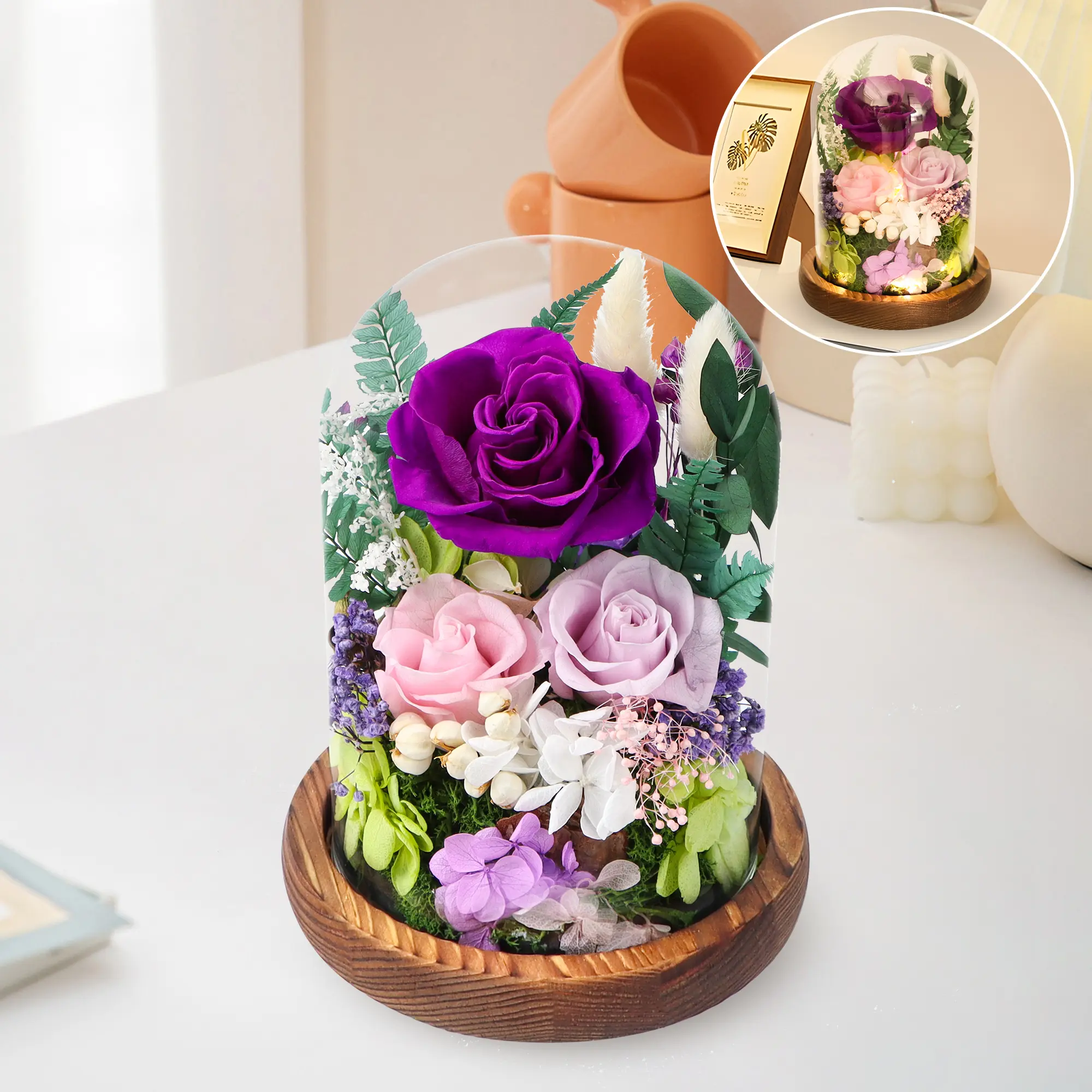 Gcchobv Preserved Flowers in Glass Dome Eternal Blooms Birthday Gift for Women Gift for Mom Girlfriend Her Friendship Home Decor