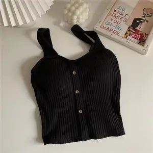 Spice Girls-Inspired Summer Tank Top for Girls - Plain Sling Style with Buttons - Medium Length - Breathable Fabric for Casual Wear - Slim Fit - Solid Color - Everyday Wear Clothes Fashion Womenswear Piece
