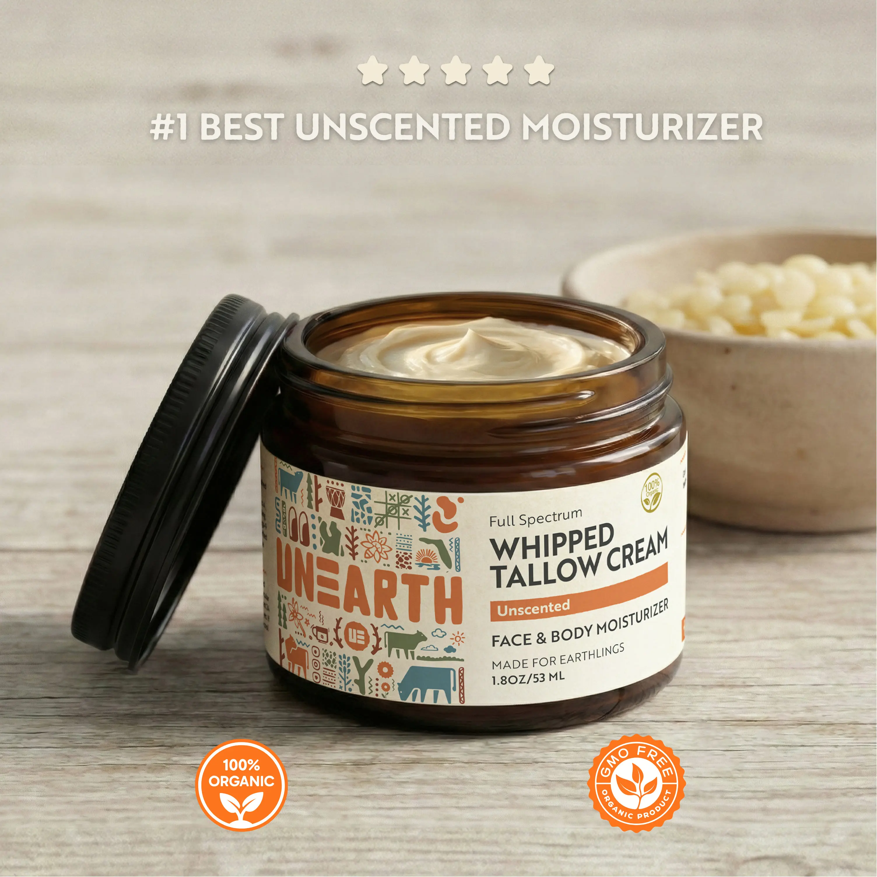 Unearth Organics Full Spectrum Unscented Whipped Tallow Cream 53 ML Daily Moisturizer for Sensitive Skin Eczema & Acne with 6 Organic Ingredients Body Care Cosmetic