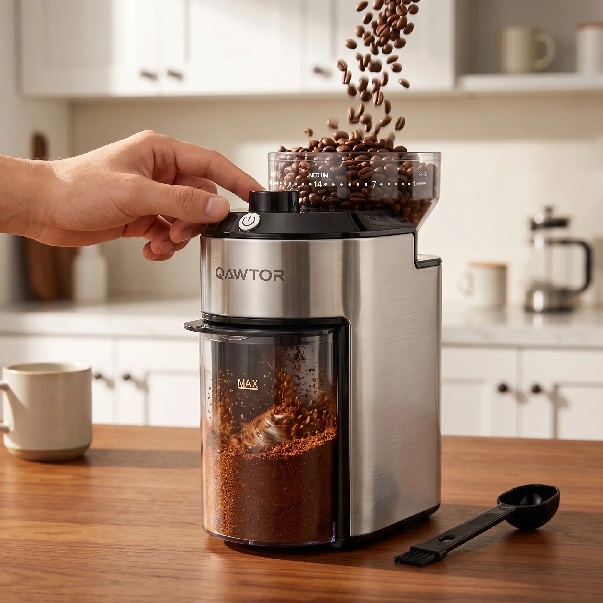 Qawtor Portable Stainless Steel Electric Burr Coffee Grinder, 28 Levels Grind Settings, Low-Noise, Compact 7.5 Height Space-Saving Design, 1-Touch Operation, Easy to Clean with Cleaning Brush, for Espresso & Drip, Home Use