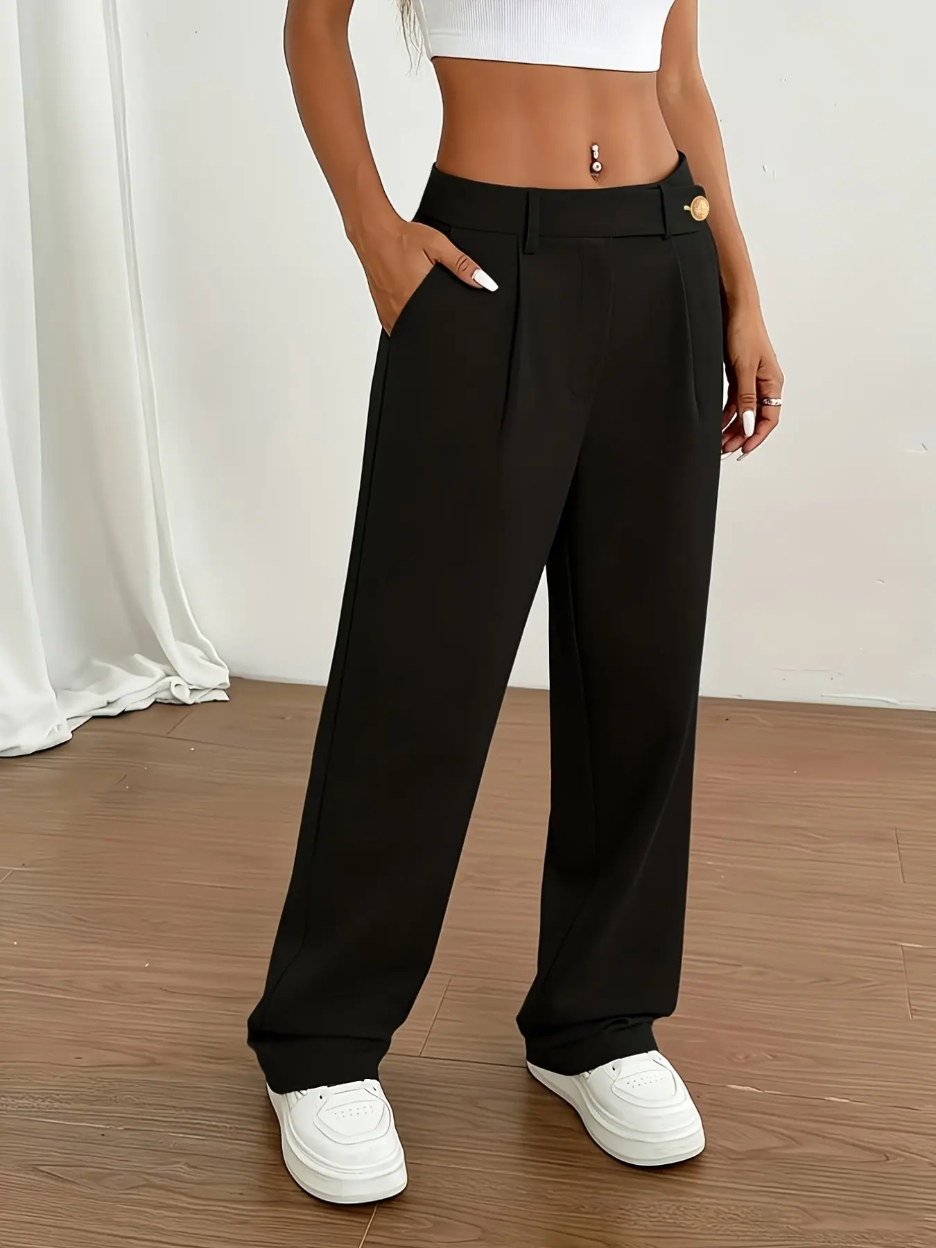 Elegant Plus Size Women's Suit Pants, Casual Loose Pants, Commuter Pocket Long Straight Trousers, Bottom, Womenswear, Spring Summer Fall Winter Wear, Stylish Office Casual Apparel