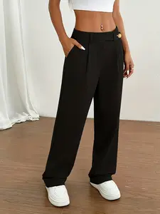 Elegant Plus Size Women's Suit Pants, Commuter Pocket Long Trousers, Bottom, Spring Summer Fall Winter Wear, Stylish Office Casual Apparel