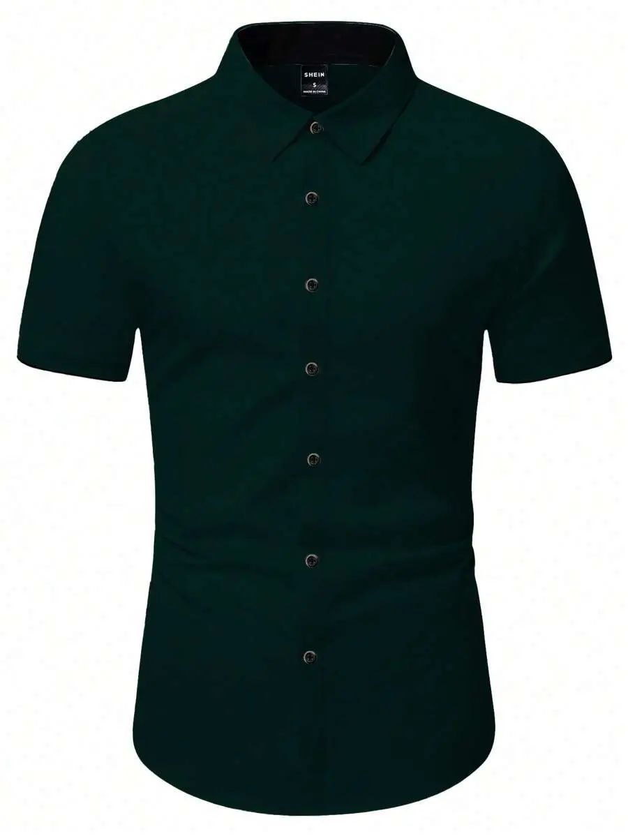 Manfinity Homme Men's Plain Front Button Short Sleeve Casual Black Shirt, Daily Wear Short Sleeve Dress Shirt For Men Black Designer Shirt Men Black Shirts