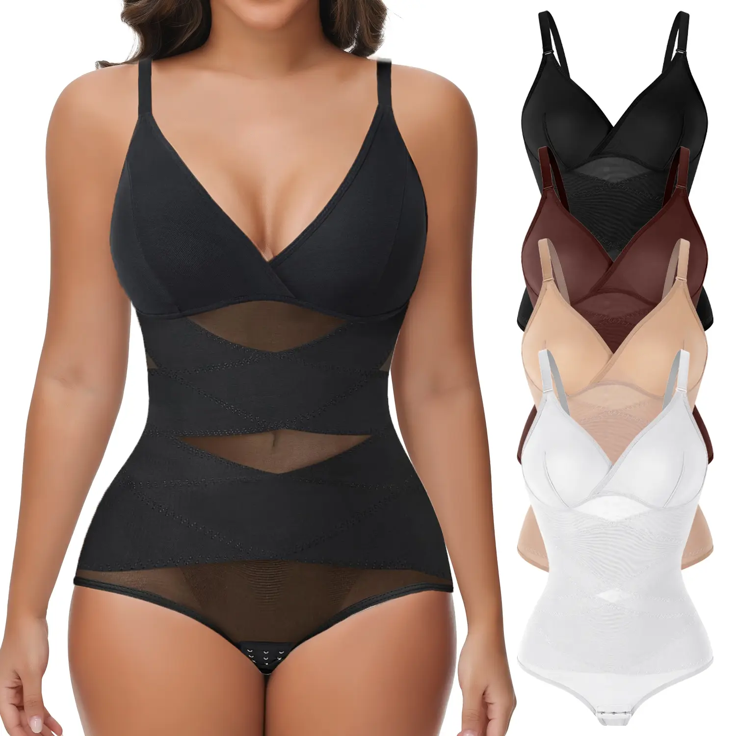 Women's Tummy Control Shapewear Bodysuit, Casual V-Neck Sleeveless Top with High Stretch Nylon and Breathable Mesh Panels, Bodysuit For Women, Tummy Control Bodysuits