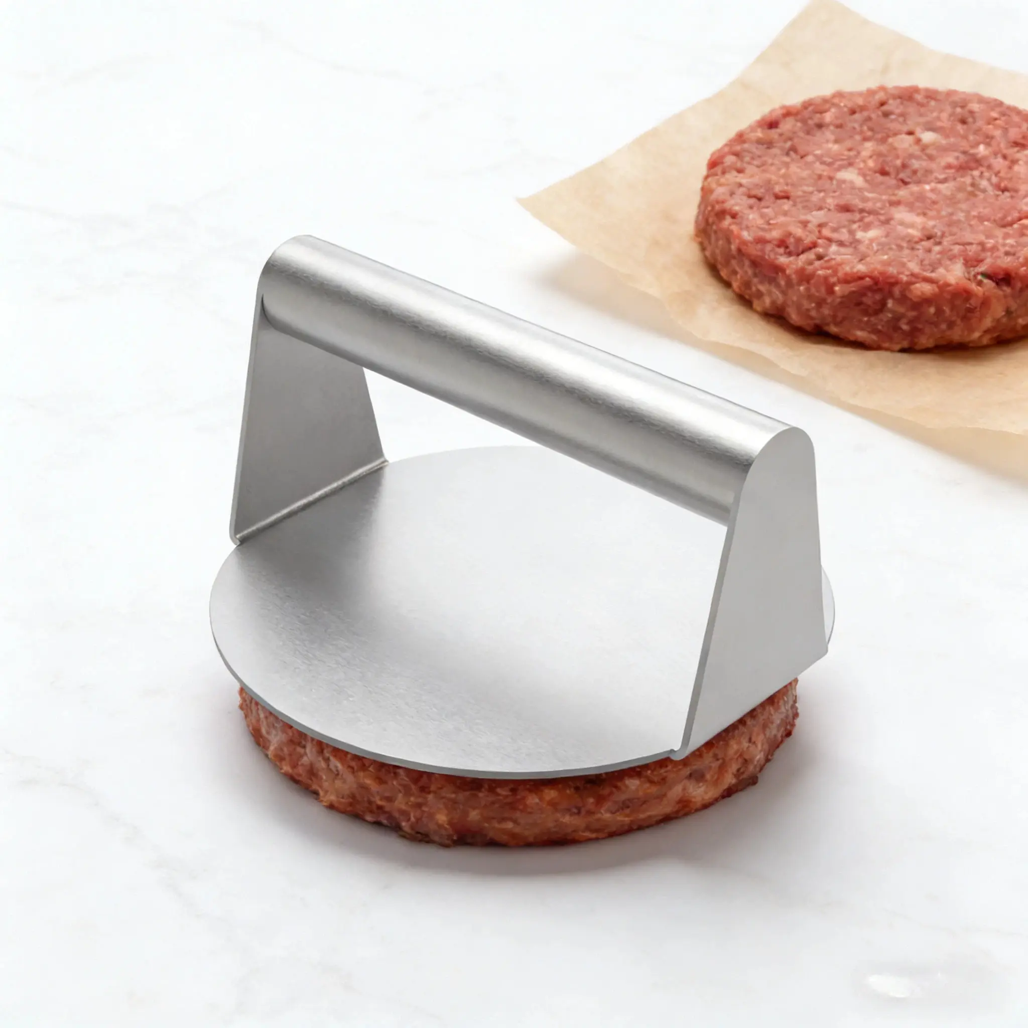Compact Silver Stainless Steel Corrosive-Resistant Non-Stick Round Smash Hamburger Press - Shaped Round Form Hamburger Maker, Portable Tool with Smooth Surface, Flat Cooking Design for Griddle, Camping Home Use, Easy To Use