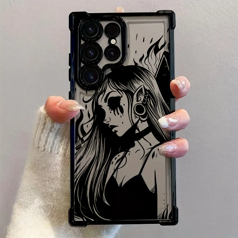 Phone Case Featuring a Black Devil Girl, Designed for Compatibility with Samsung Galaxy S25, S24, S23, S22, S21 FE Ultra Plus 4G And 5G, Offering Shockproof Protection with a Transparent Soft Back Protective Personalized Casing., Animal, Colorful, Accesso