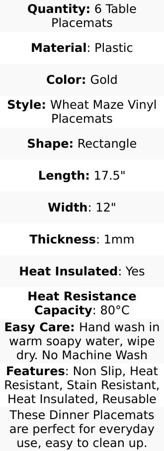 6-Pack Vinyl Rectangle Table Mats 12"x18" Wheat Design Gold - Metallic Non-Slip Surface for Dining Decor