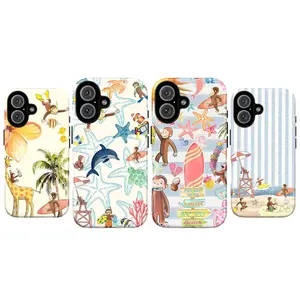Curious George Tropical Beach Phone Case – Cute Monkey Surfing Ocean Starfish Dolphin Giraffe Pattern Cover for iPhone 17 16 15 14 13 12 11 Pro Max | Coastal Aesthetic Gift for Girls & Curious Geo Paradise Core Rugged Cover Case