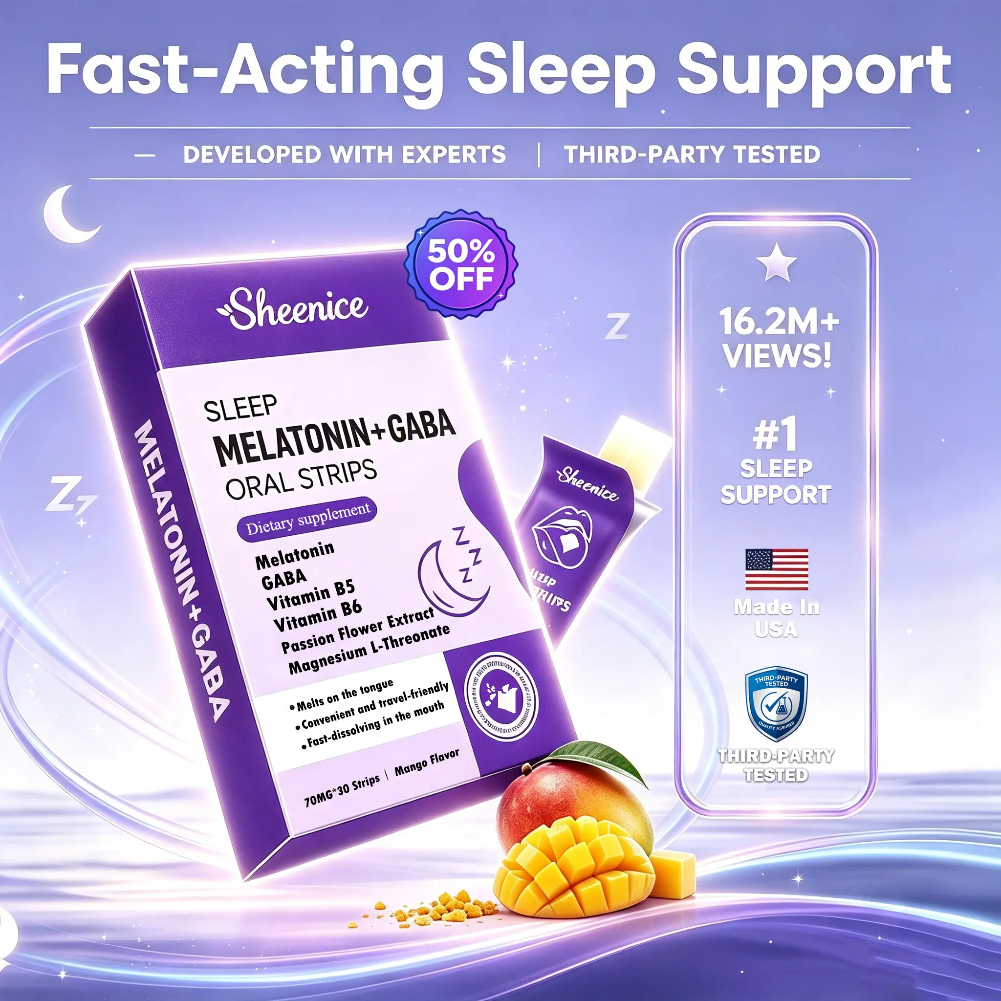 Sheenice Sleep Fast Dissolving Strips - 30 Servings, Mango Flavor, Travel Friendly, Sugar Free, Gluten Free, Calming Sleep & Relaxation Support