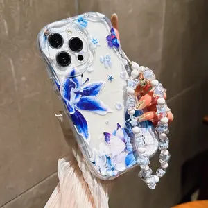 Blue Bow Phone Case for Apple iPhone 14 Pro Max 13 12 11 Pro Max XR XS Max Soft Silicone Wave Edge Design with Fashion Lanyard