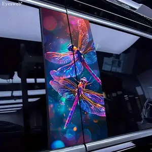 Set of 2 Colorful Dragonfly Stickers for Car B Pillar, Vibrant Neon Insect Design with Glowing Effect, Waterproof Vinyl Decals for Suv Truck Van, Car Accessories