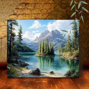 1pc Wooden Framed Canvas Painting Peaceful Mountain Lake and Pine Forest Art Prints Wall For Bedroom Living Room Home Decor Nature Landscape Canvas Print Poster Picture With Framed Ready to Hang Gift	