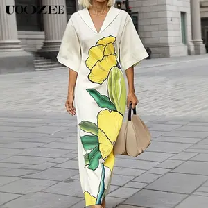 UOOZEE artistic yellow floral print dress, fashionable V-neck loose fit slimming mid sleeve long style vacation style temperament dress