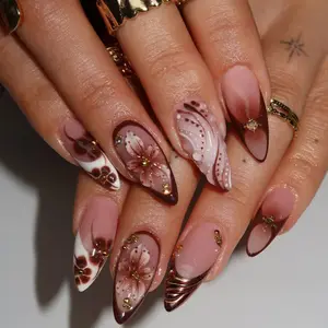24pcs Medium Almond French Tip Press-On Nails, 3D Gel Floral Embellished Rhinestone Design with Small Gems and Pearls, Glossy Acrylic False Nails for Women