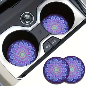 Absorbent Mandala Flower 2pcs Car Cup Holder Coaster Mats - Water Cup Coasters For Car Vehicles & Home Desk - Car Interior Accessories