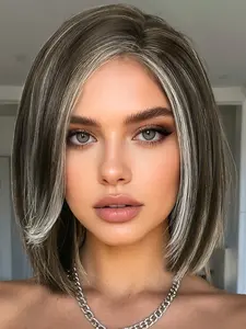 Short Brown Mixed Blonde Bob Wigs with Side Bangs, Shoulder Length Synthetic Hair, Machine Made Wigs, Straight Layered Highlights, Medium Length Wigs, Glueless Bob Wig