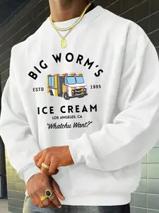 Men's Street Style Round Neck Knit Fitted Sweatshirt, Graphic Pattern Print, Fleece Lined Long Sleeve Hooded Sweater, Trendy for All Seasons