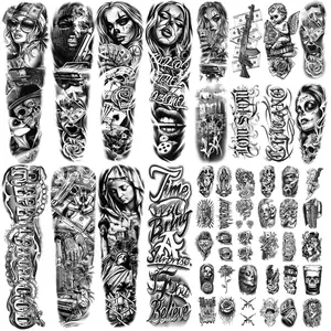 Yazhiji 46 Waterproof Temporary Tattoos For Adult, Chicano Large Full Arm Fake Tattoo Guadalupe Gangster Day of the Dead, Lowrider Style Culture Mexico Clown Tattoo Stickers for Men Women