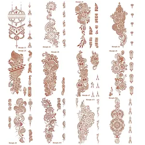12 Sheets Henna Tattoo Stickers, Waterproof Red Ink Henna hands Tattoo ，Mehndi Fake Tattoos for Women Girls