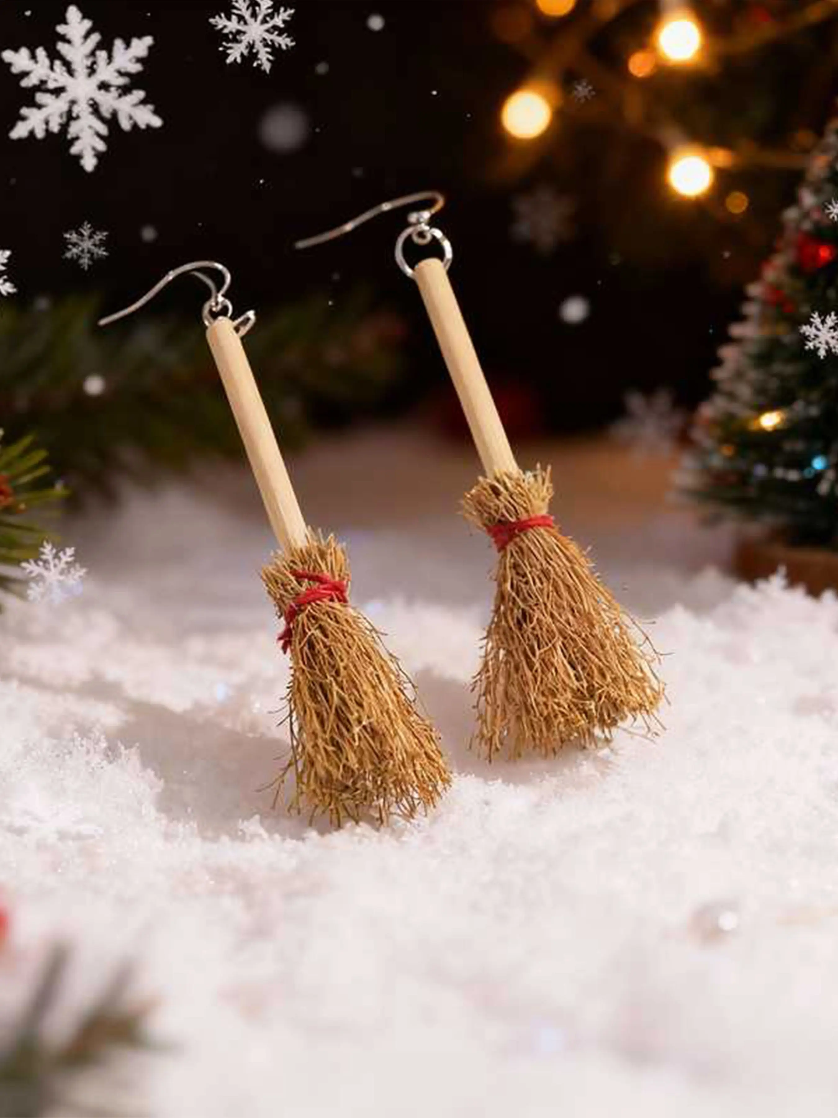 1pair Halloween Witch Broom Earrings, Fun Personality Jewelry, Creative Mini Wizard Broom Design, Fantasy Theme Party Accessories, Unique Holiday Gift