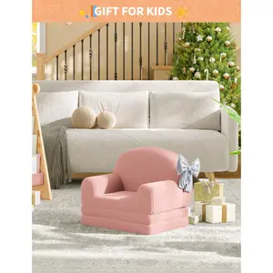 2-in-1 Convertible Kids Sofa Chair, Soft Sherpa Fleece Fold Out Toddler Couch & Lounger, Crown Design Large Children’s Chair, Comfortable Nursery Playroom Furniture, Ideal Gift for Boys Girls